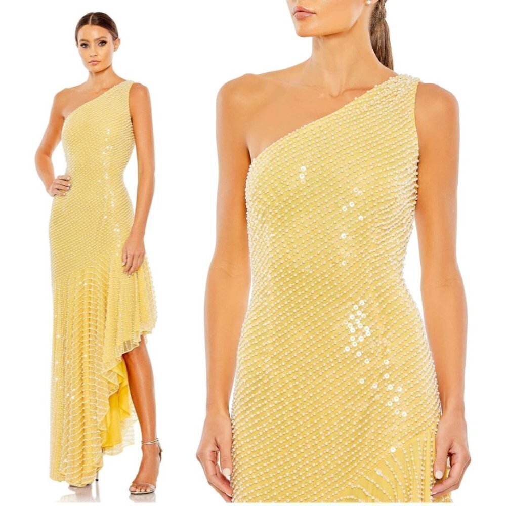 MAC DUGGAL Imitation Pearl One-Shoulder Asymmetric Gown in Yellow Size US 6